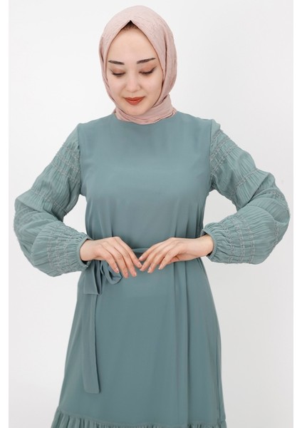 3041 Şifon Kumaş Kol Garnili Elbise