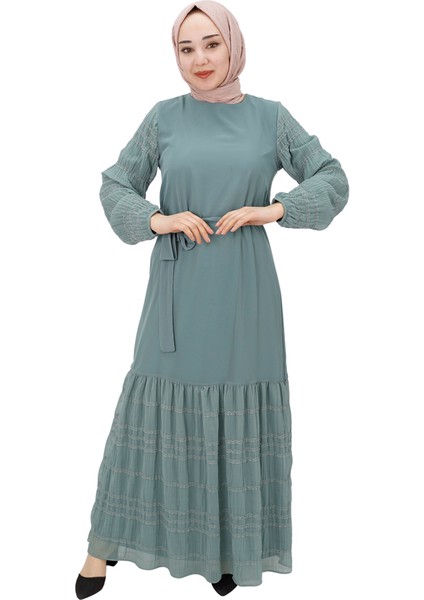 3041 Şifon Kumaş Kol Garnili Elbise