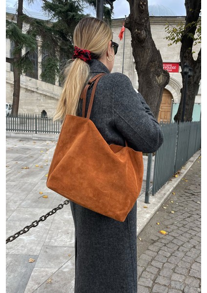 Süet Deri Çift Saplı Geniş Kadın Omuz Çantası YC012035HSD