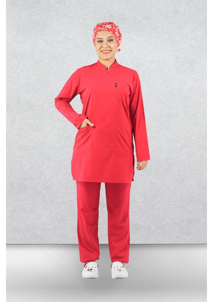 Likralı Tesettür Takım Üniforma Gizli Fermuarlı - Nar Çiçegi