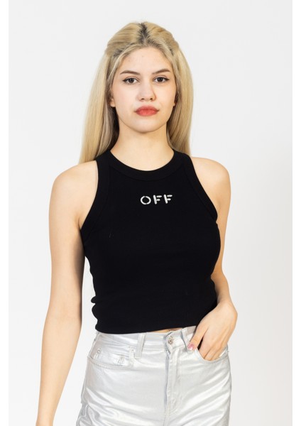 Basic Fitilli Nakışlı Atlet, Düz Bluz, Off Yazılı Pamuklu Atlet