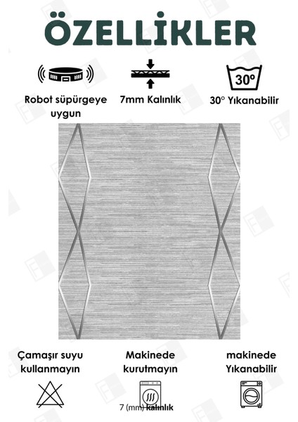 Kesme Halı Makinede Yıkanabilir Kaymaz Taban Leke Tutmaz Mutfak Halı Salon Yolluk Gri-Gümüş