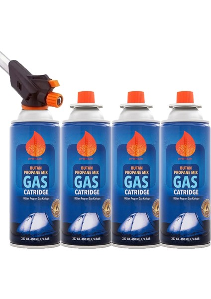 4 Adet 227 gr Gaz Kartuşlu Pürmüz ve Çakmaklı Başlık Set Kamp Gazı Set 4 Lü Gaz Kartuşlu Pürmüz