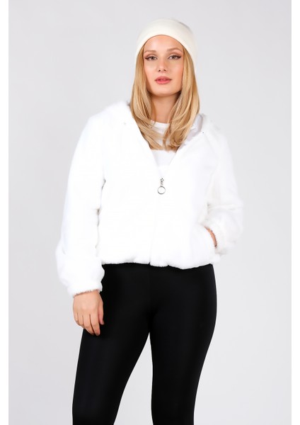 Kadın Kapüşonlu Peluş Mont Beyaz modelleri