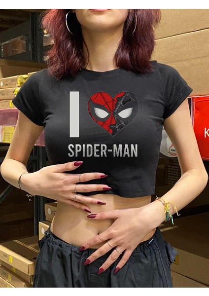 I Love Spider-Man Baskılı Siyah Crop