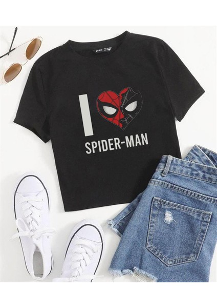 I Love Spider-Man Baskılı Siyah Crop fiyatları
