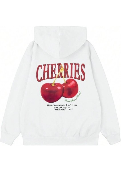 Touz Moda Street Wear Cherry Baskılı Oversize Unisex Ecru Kapşonlu Hoodie Sweatshirt