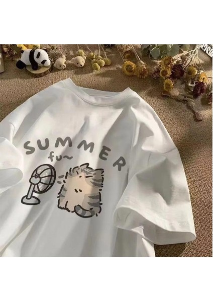 Summer Cat Baskılı Beyaz Unisex Oversize T-Shirt