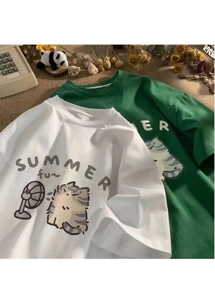 Summer Cat Baskılı Beyaz Unisex Oversize T-Shirt