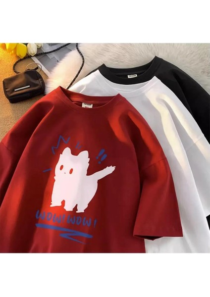 Wow Cat Baskılı Kırmızı Oversize T-Shirt