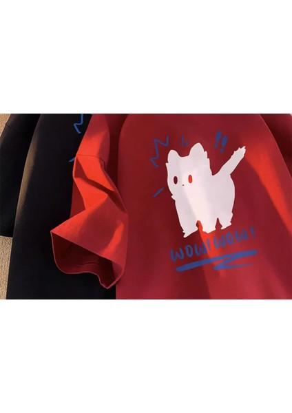 Wow Cat Baskılı Kırmızı Oversize T-Shirt