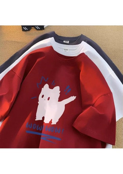 Wow Cat Baskılı Kırmızı Oversize T-Shirt