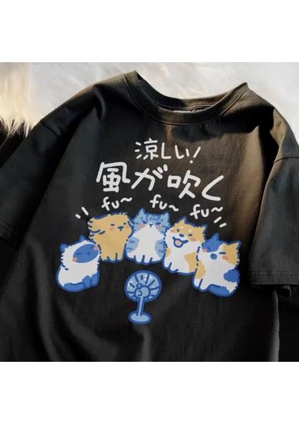 Wind Blowing Cat Baskılı Siyah Oversize T-Shirt