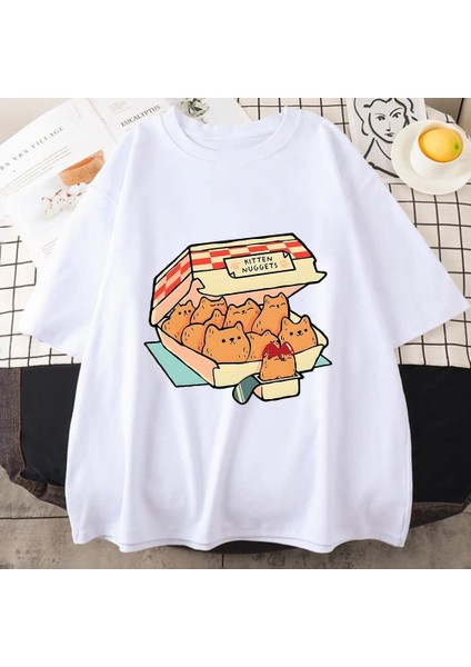 Kitten Nuggets Baskılı Beyaz Oversize T-Shirt