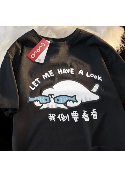 Minimalist Cat Baskılı Siyah Oversize T-Shirt