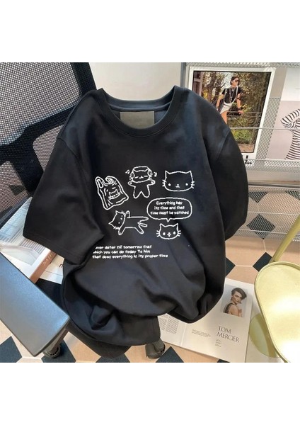 Retro Karikatür Kedi Baskılı Siyah Oversize T-Shirt