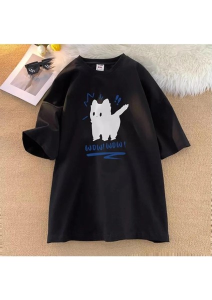 Wow Cat Baskılı Siyah Oversize T-Shirt
