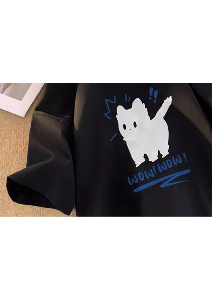 Wow Cat Baskılı Siyah Oversize T-Shirt fiyatları