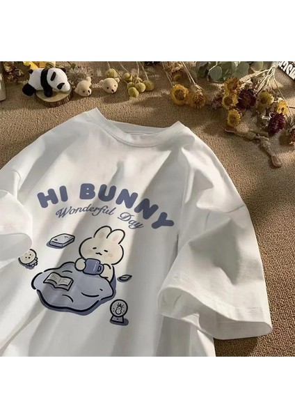 Hi Bunny Baskılı Beyaz Oversize T-Shirt