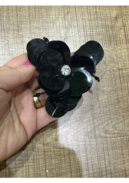 8x7 cm Siyah Payetli Zirkon Taşlı Çiçek Broş Yaka Iğnesi Türban Iğnesi