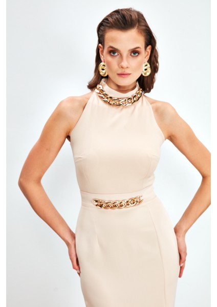 Zincir Aksesuarlı Crop Bluz - Bej