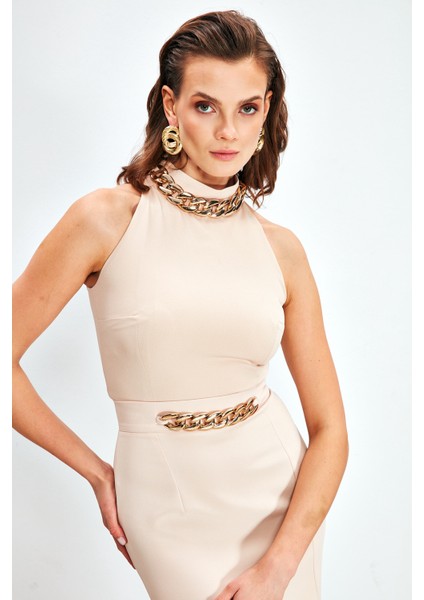 Zincir Aksesuarlı Crop Bluz - Bej modelleri