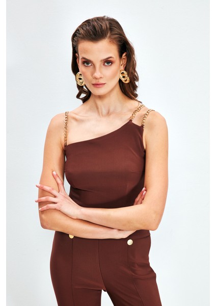 Zincir Askılı Bluz - Kahve