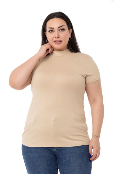 Büyük Beden Yarım Balıkçı Kısa Kollu Viskon Bej Rengi Body
