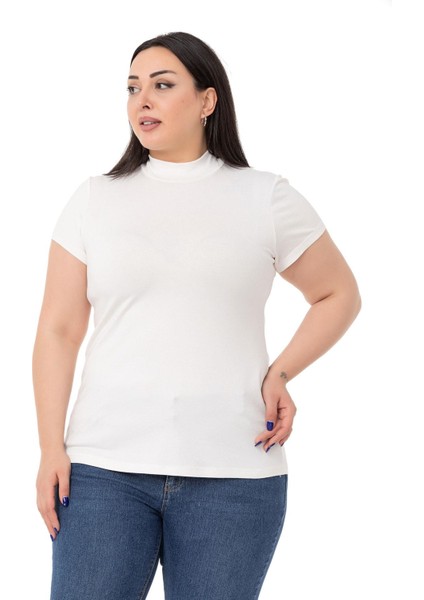 Büyük Beden Yarım Balıkçı Kısa Kollu Viskon Ekru Body