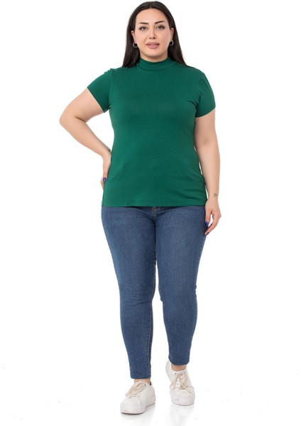 Büyük Beden Yarım Balıkçı Kısa Kollu Viskon Zümrüt Body