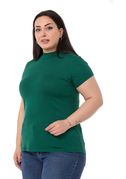 Büyük Beden Yarım Balıkçı Kısa Kollu Viskon Zümrüt Body