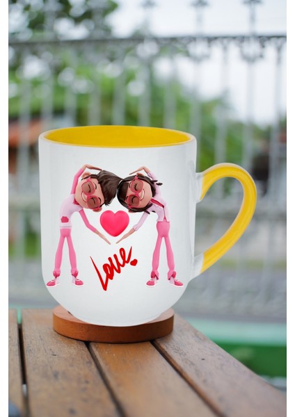 Mutlu Çiftler Love Baskılı Hediye Içi Sarı Lüx Kupa Bardak Porselen Çay Kahve Fincanı