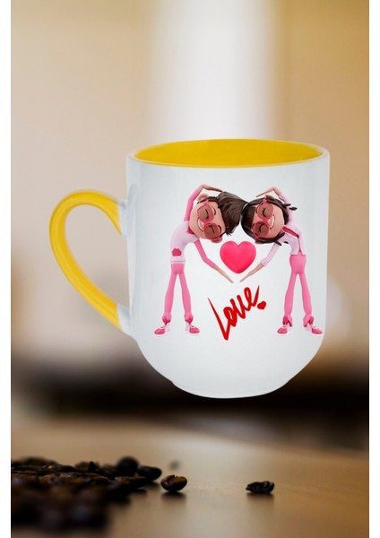 Mutlu Çiftler Love Baskılı Hediye Içi Sarı Lüx Kupa Bardak Porselen Çay Kahve Fincanı fiyatları