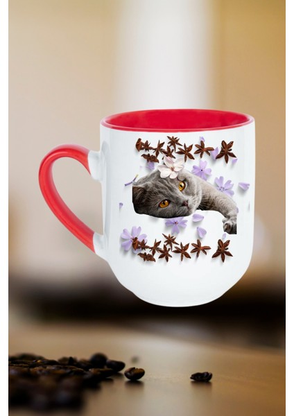 Sevimli Kedi Baskılı Içi Kırmızı Lüx Kupa Bardak Porselen Çay Kahve Fincanı fiyatları