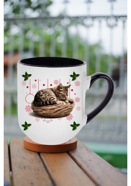 Yeni Yıl Uykucu Kedi Baskılı Içi Siyah Lüx Kupa Bardak Porselen Çay Kahve Fincanı