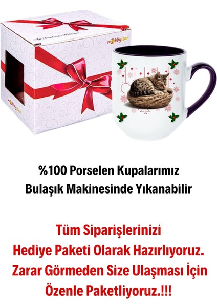 Yeni Yıl Uykucu Kedi Baskılı Içi Siyah Lüx Kupa Bardak Porselen Çay Kahve Fincanı