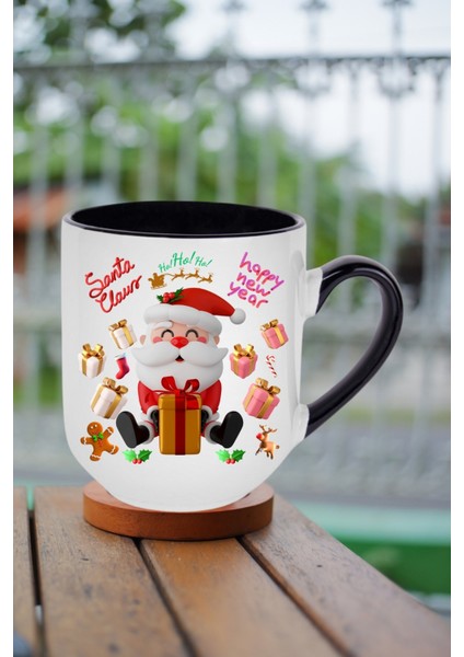 Noel Baba Happy Christmas Baskılı Içi Siyah Lüx Kupa Bardak Porselen Çay Kahve Fincanı
