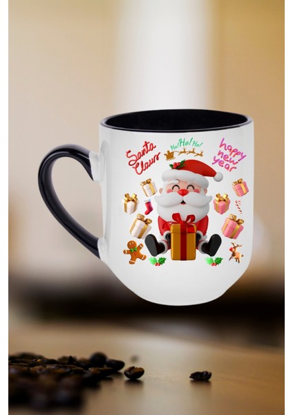 Noel Baba Happy Christmas Baskılı Içi Siyah Lüx Kupa Bardak Porselen Çay Kahve Fincanı