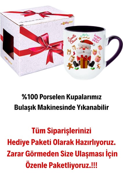 Noel Baba Happy Christmas Baskılı Içi Siyah Lüx Kupa Bardak Porselen Çay Kahve Fincanı