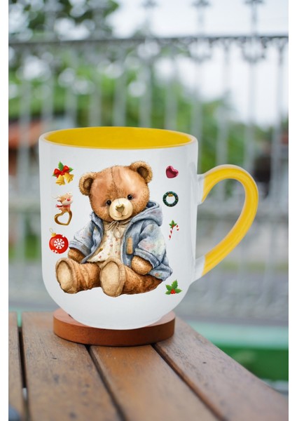 Yeni Yıl Oyuncak Ayı Teddy Bear Baskılı Içi Sarı Lüx Kupa Bardak Porselen Çay Kahve Fincanı