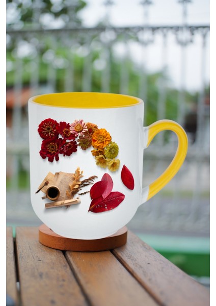 Romantik Sonbahar Baskılı Içi Sarı Lüx Kupa Bardak Porselen Çay Kahve Fincanı