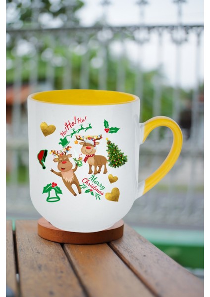 Yılbaşı Geyikli Kurabiye Baskılı Içi Sarı Lüx Kupa Bardak Porselen Çay Kahve Fincanı