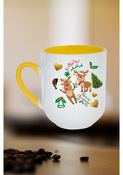 Yılbaşı Geyikli Kurabiye Baskılı Içi Sarı Lüx Kupa Bardak Porselen Çay Kahve Fincanı fiyatları