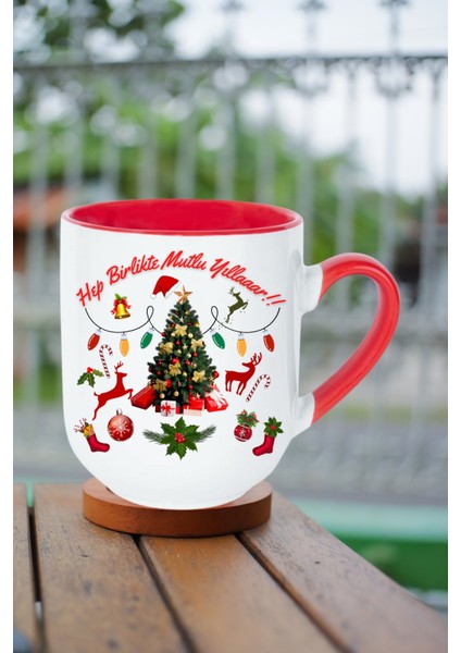 Yılbaşı Mutlu Yıllar Baskılı Içi Kırmızı Lüx Kupa Bardak Porselen Çay Kahve Fincanı