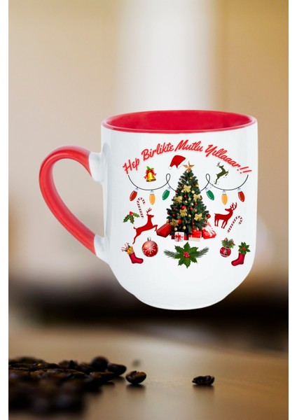 Yılbaşı Mutlu Yıllar Baskılı Içi Kırmızı Lüx Kupa Bardak Porselen Çay Kahve Fincanı fiyatları