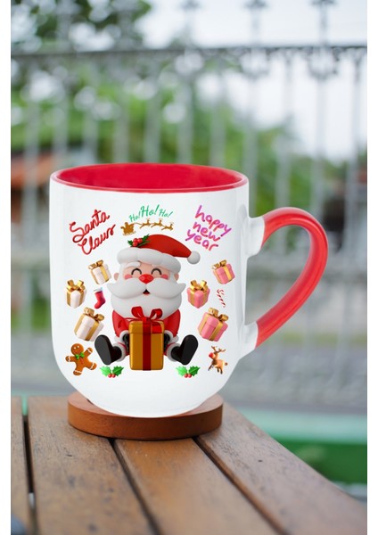 Noel Baba Happy Christmas Baskılı Içi Kırmızı Lüx Kupa Bardak Porselen Çay Kahve Fincanı