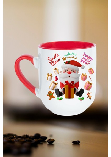 Noel Baba Happy Christmas Baskılı Içi Kırmızı Lüx Kupa Bardak Porselen Çay Kahve Fincanı