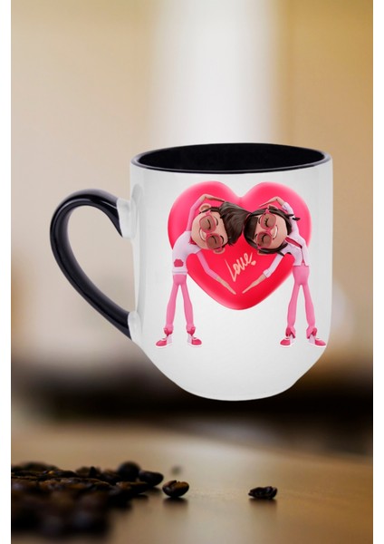 Mutlu Çiftler Love Kalp Baskılı Hediye Içi Siyah Lüx Kupa Bardak Porselen Çay Kahve Fincanı