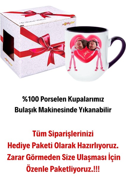 Mutlu Çiftler Love Kalp Baskılı Hediye Içi Siyah Lüx Kupa Bardak Porselen Çay Kahve Fincanı