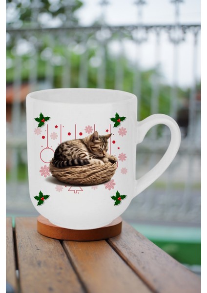 Yeni Yıl Uykucu Kedi Baskılı Lüx Kupa Bardak Porselen Çay Kahve Fincanı